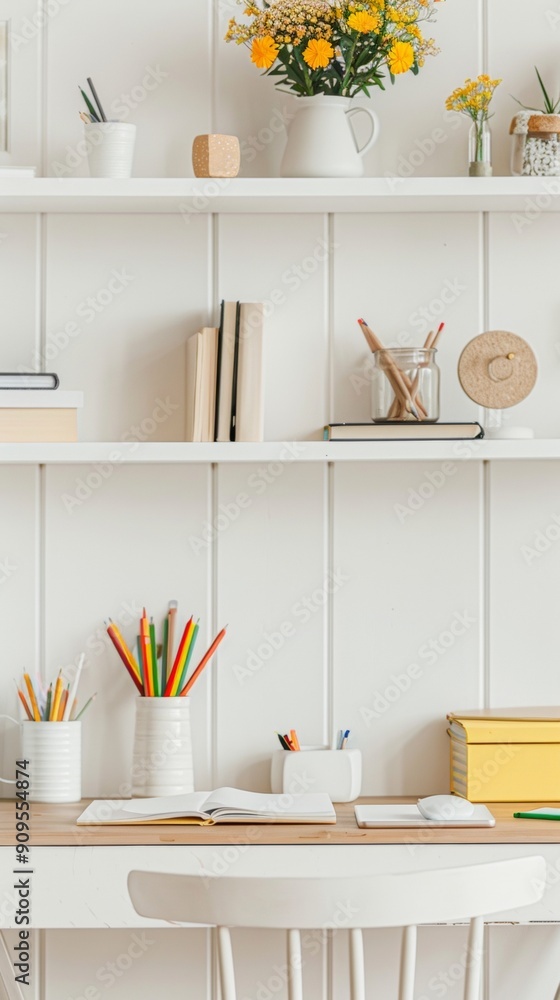 Stylish Cozy Home Study Space for Homework and Study with Organized School Supplies, Daytime, Bright and Productive Atmosphere Stylish Cozy Home Study Space for Homework and Study with Organized School Supplies, Daytime, Bright and Productive Atmosphere