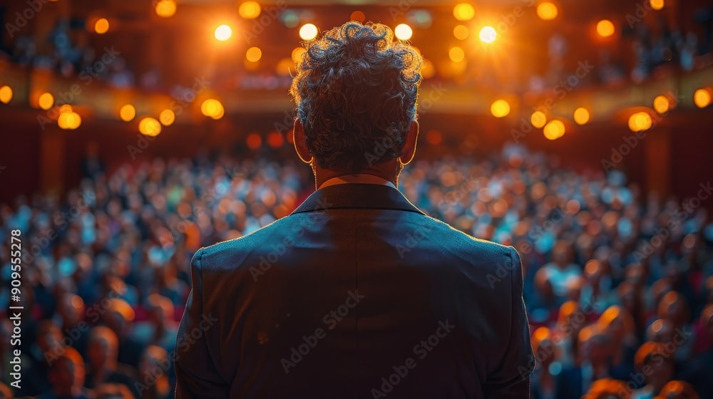 A CEO addressing employees at a company event, dignity and leadership A CEO addressing employees at a company event, dignity and leadership