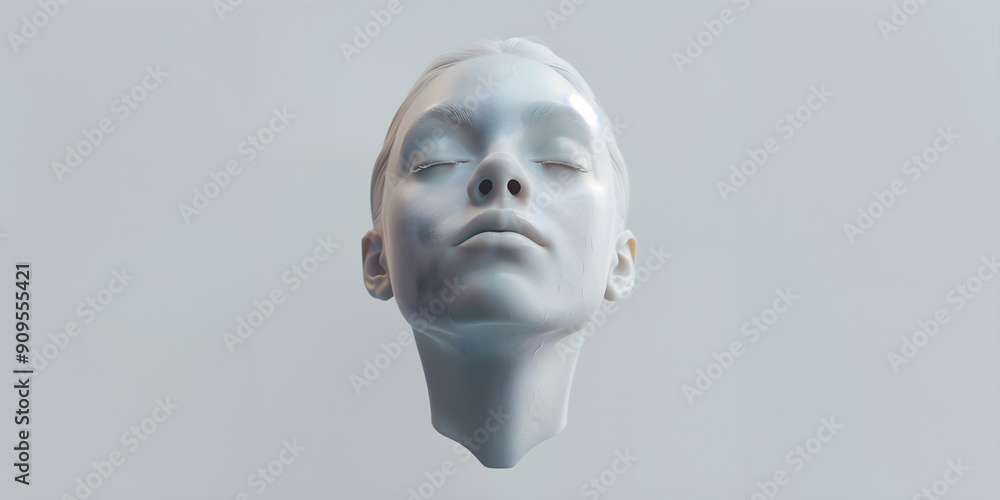 Female portrait with closed eyes, cast of female face head floating in air on blue background. Female portrait with closed eyes, cast of female face head floating in air on blue background.