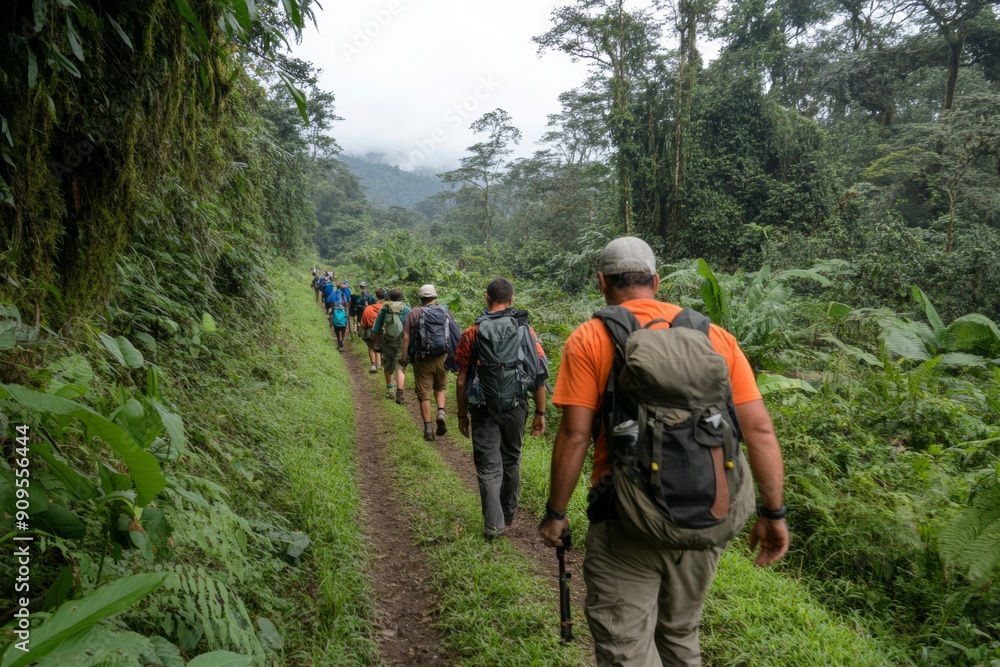 Diverse Eco-tourism Group Hiking Through Lush Forest - Engaged Participants Learning About Flora and Fauna, Daytime Adventure in Nature Diverse Eco-tourism Group Hiking Through Lush Forest - Engaged Participants Learning About Flora and Fauna, Daytime Adventure in Nature
