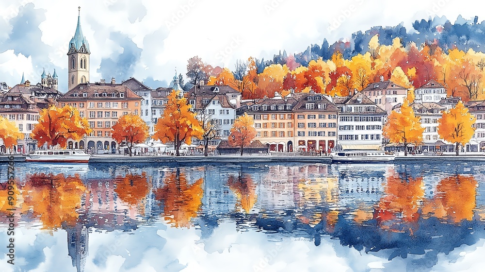 Φωτογραφία Watercolor painting of the cityscape of Zurich, Switzerland, isolated on white b