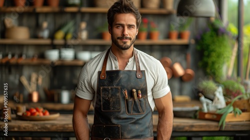 leather Gardening apron worn by men during working in the garden With background