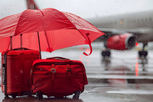 Travel insurance concept. Red umbrella covering airplane and suitcases photo