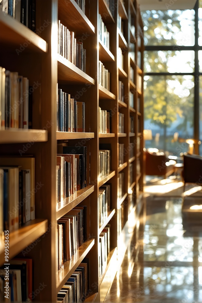 sunlight bathing an empty modern library with rows of sleek bookshelves sunlight bathing an empty modern library with rows of sleek bookshelves