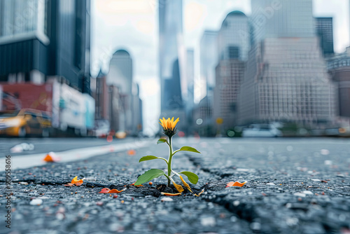 Flower growing through asphalt next to a skyscraper, symbolizing persistence