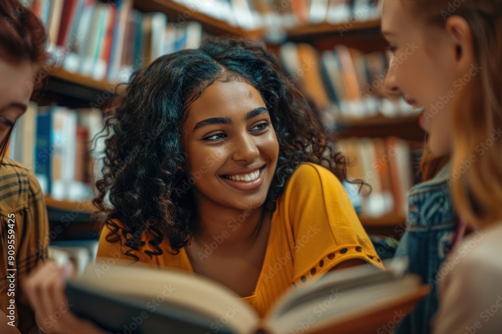 A group of university students chatting and reading books together in the library. A group of university students chatting and reading books together in the library.