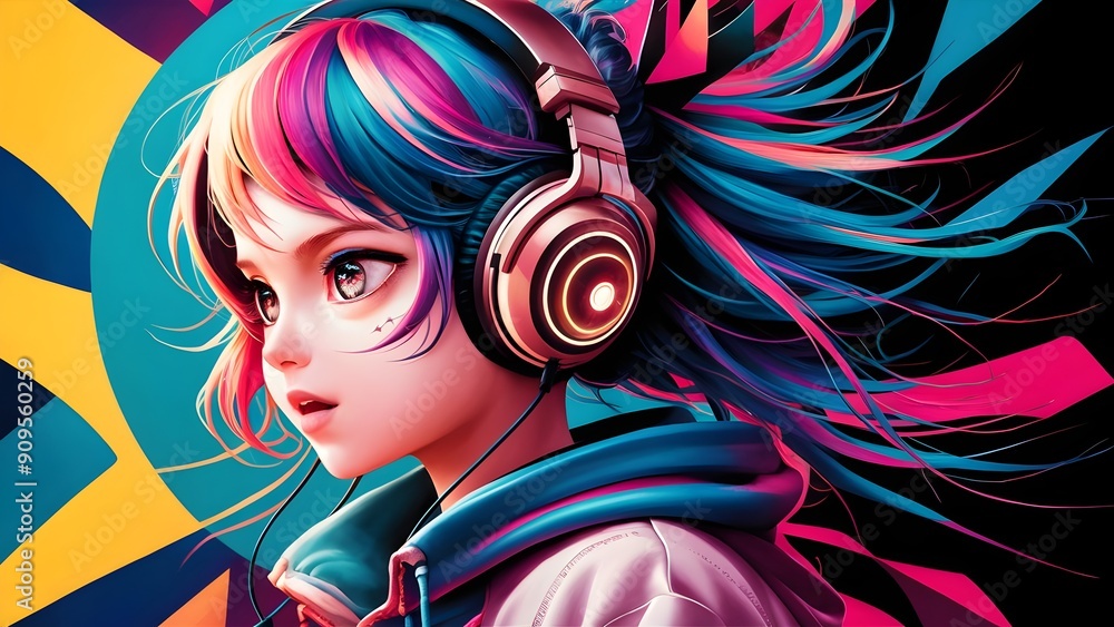 Naklejka premium Modern 3d cyberpunk anime beautiful woman face character illustration AI generated image