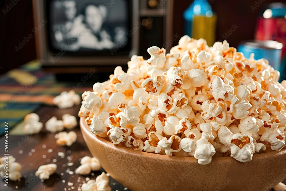 A bowl of popcorn is on a table next to a television A bowl of popcorn is on a table next to a television