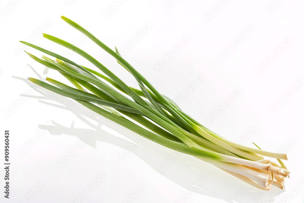 A bunch of green onions are sitting on a white background A bunch of green onions are sitting on a white background