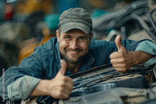 Auto mechanic leaning on an SUV with an open hood, giving thumbs up photo