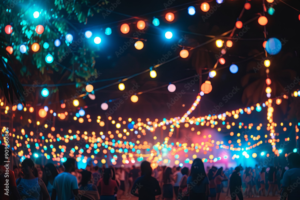 Festival scene with colorful lights and celebrating people Festival scene with colorful lights and celebrating people