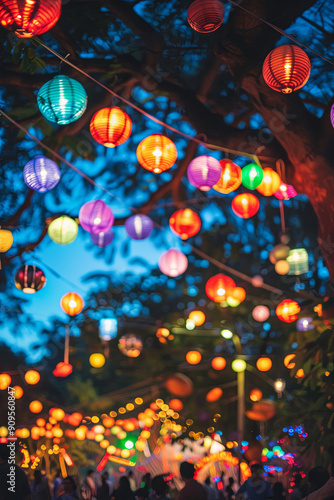 Festival scene with colorful lights and celebrating people photo