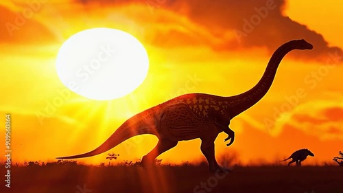 A large dinosaur strolls across the horizon, silhouetted by a brilliant sunset, while a smaller dinosaur follows in the background