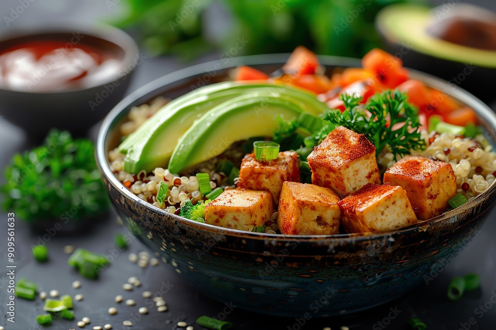 Tofu and quinoa bowl with avocado, emphasizing vegan protein and health benefits Tofu and quinoa bowl with avocado, emphasizing vegan protein and health benefits