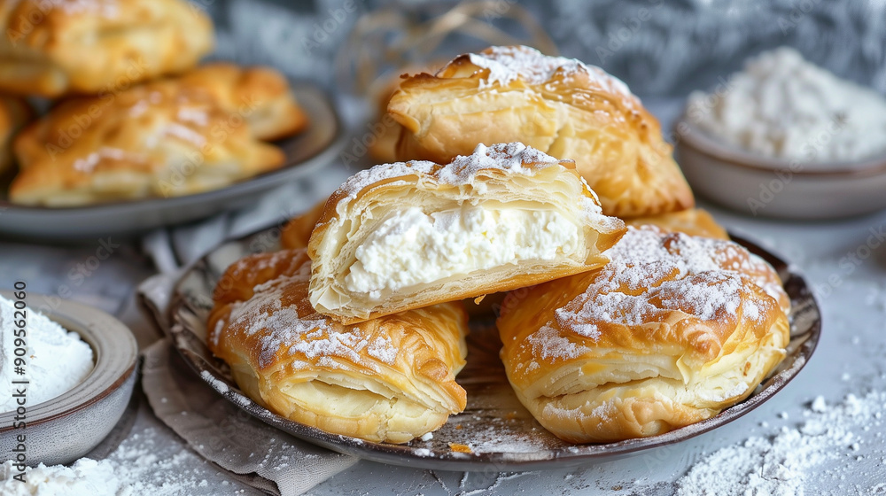 Deliciously Flaky Pastries Filled With Creamy Cheese on Rustic Table Deliciously Flaky Pastries Filled With Creamy Cheese on Rustic Table