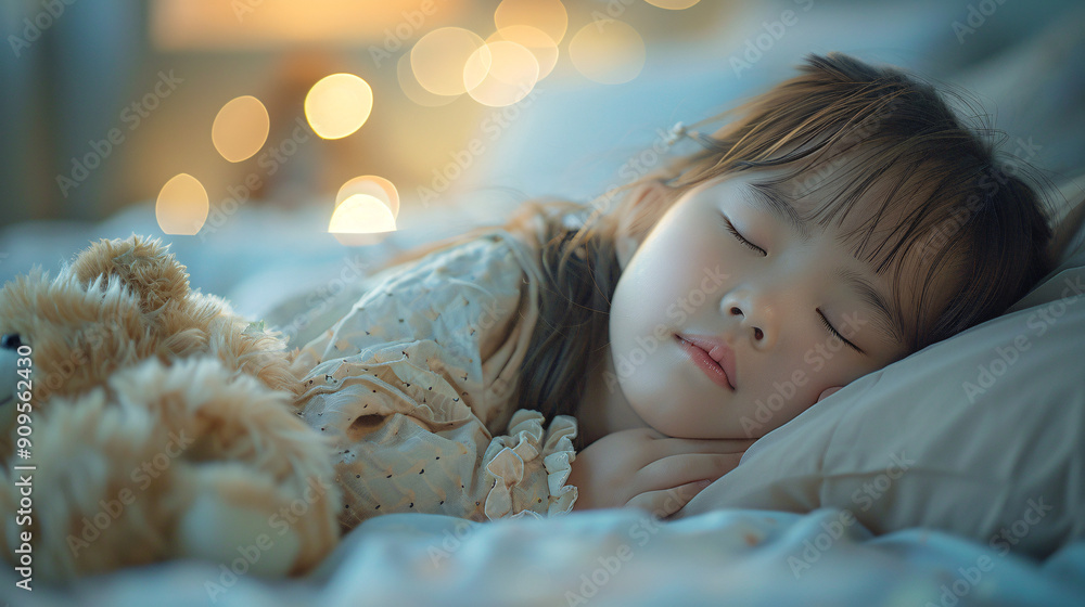 Little girl sleeping on the bed with teddy bear and bokeh background Little girl sleeping on the bed with teddy bear and bokeh background