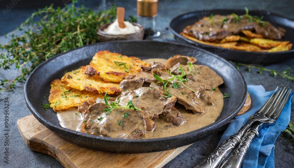 Flavorful Zürcher Geschnetzeltes: Sliced Veal in Creamy Mushroom Sauce Served with Rösti Flavorful Zürcher Geschnetzeltes: Sliced Veal in Creamy Mushroom Sauce Served with Rösti