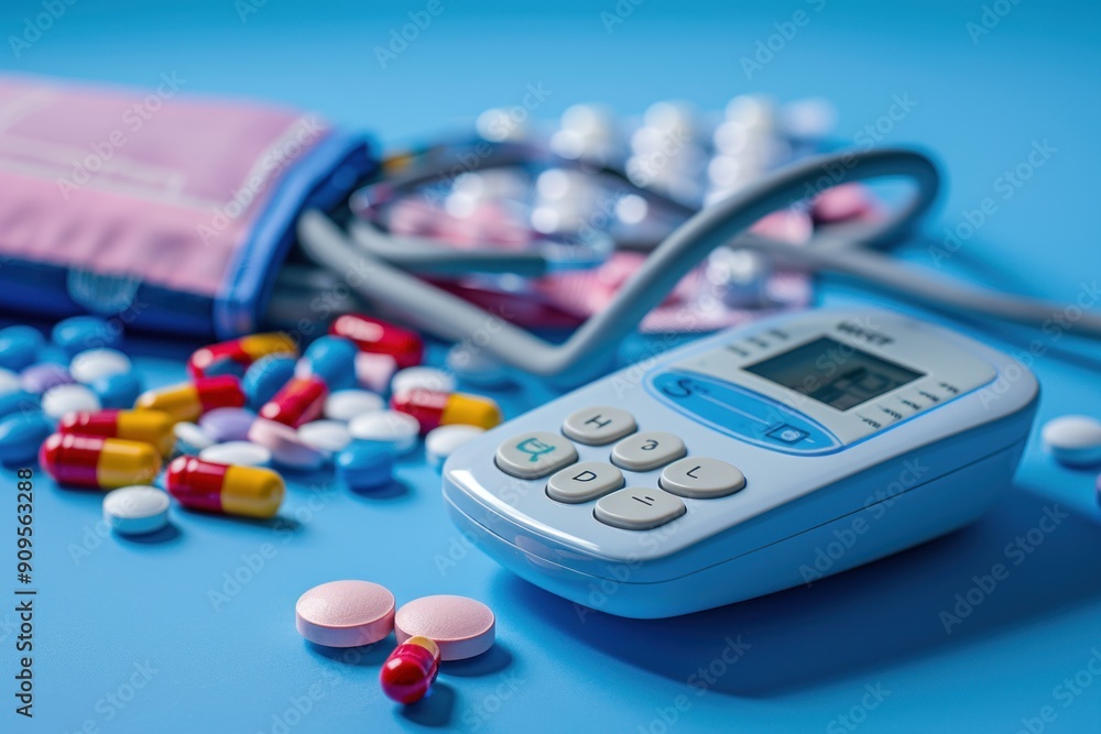 Φωτογραφία Health checkup equipment blood pressure monitor with pills on blue background wi