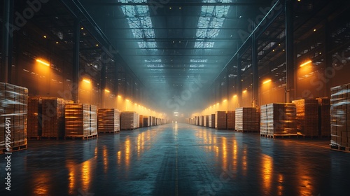 Warehouse interior with LED lighting, industry building