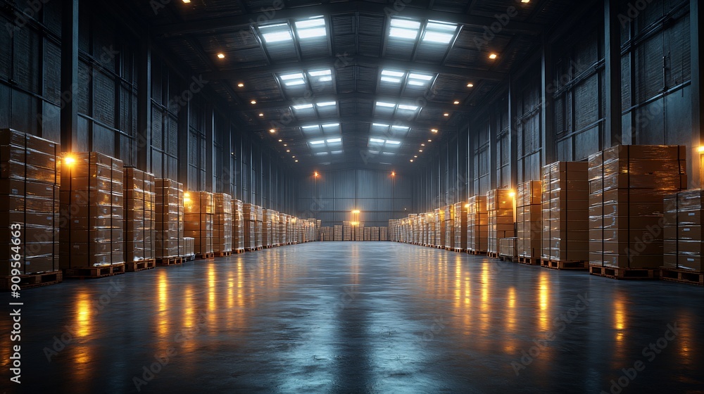 Fototapeta premium Warehouse interior with LED lighting, industry building