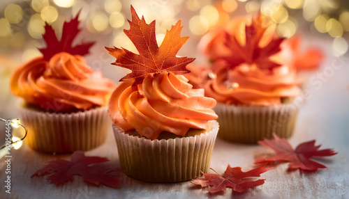 cup cake, kuchen, blätter, herbst, oktober, neu, essen, orange, farben, muffins, close up, copy space, ahorn, dessert, süss, ad, karte, niedlich, herbstlich, bokeh photo