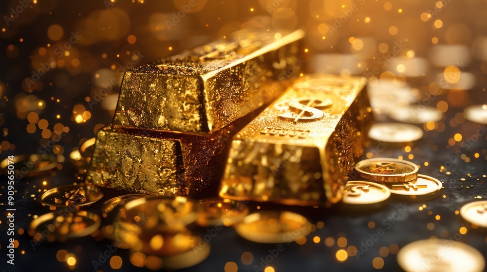 realistic image showing positive mindset attracting wealth, featuring gold bars, dollar signs, and assets, designed with ample copy space, realistic image showing positive mindset attracting wealth, featuring gold bars, dollar signs, and assets, designed with ample copy space,