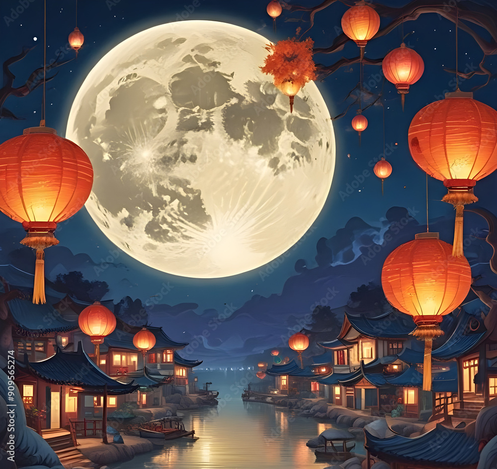 Mid-autumn festival background banner, image of a big full moon in the night sky, surrounded by colorful lanterns. Mid-autumn festival background banner, image of a big full moon in the night sky, surrounded by colorful lanterns.