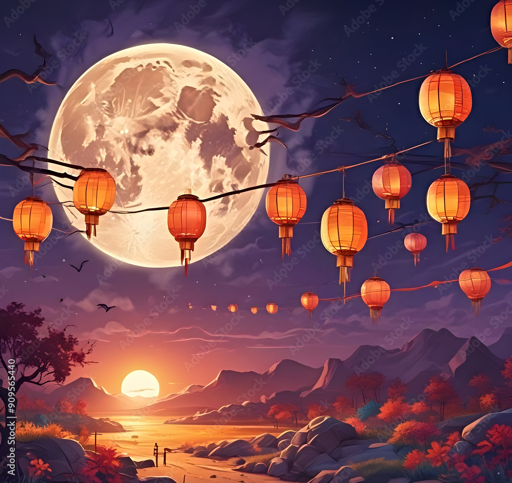Mid-autumn festival background banner, image of a big full moon in the night sky, surrounded by colorful lanterns. Mid-autumn festival background banner, image of a big full moon in the night sky, surrounded by colorful lanterns.