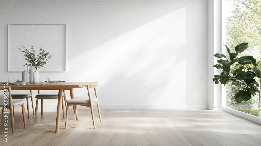 Spacious dining room with empty wall, dining table under skylight. Spacious dining room with empty wall, dining table under skylight.