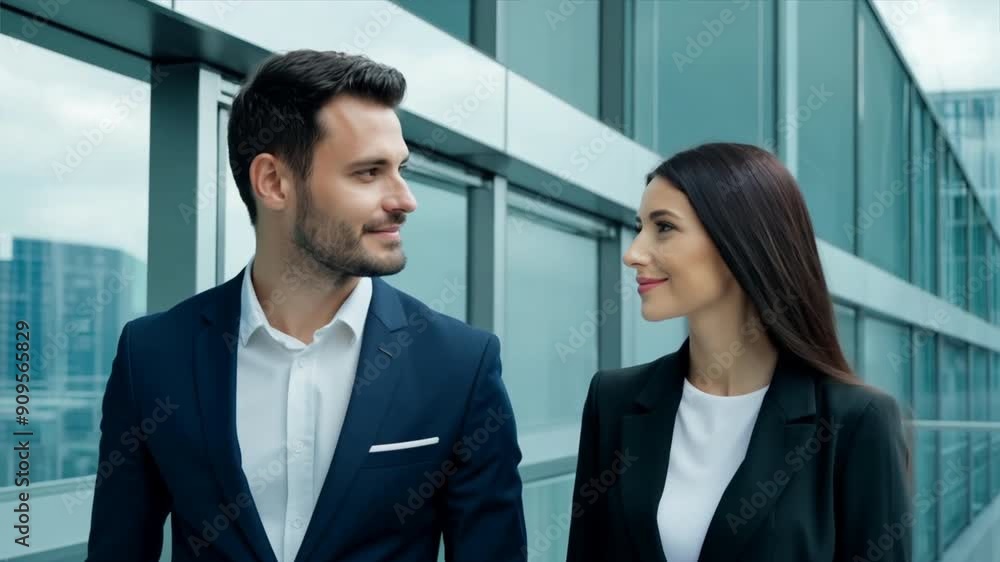Handsome young businessman and beautiful woman walking in a modern workplace Handsome young businessman and beautiful woman walking in a modern workplace