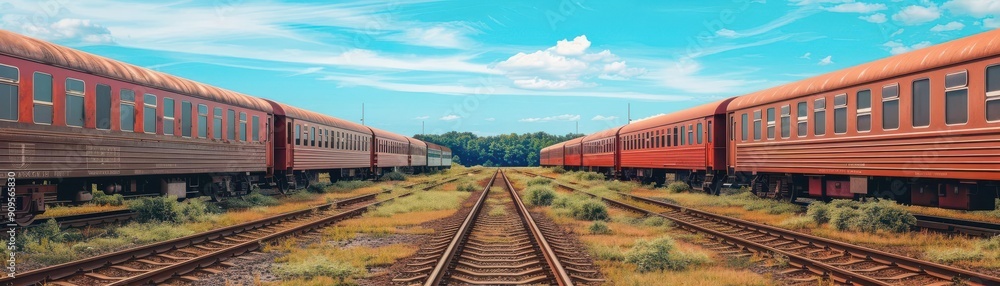 Abandoned train yard, rusting trains and overgrown tracks, flat design illustration Abandoned train yard, rusting trains and overgrown tracks, flat design illustration