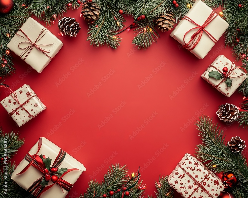 Christmas red background with Christmas balls decorations Christmas red background with Christmas balls decorations