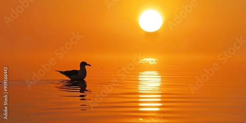 Sunrise at the Lake Sun s Reflection Seagull Silhouette Orange and Yellow Palette Tranquil Waterscape photo