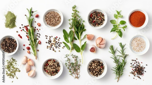 Top view of an array of herbs and spices, highlighting their role as healthy ingredients with high fiber and vitamin content, isolated on a background. 