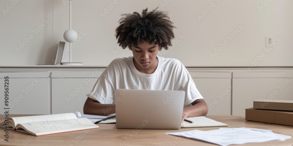 Focused Black Female Student Studying in Dorm Room During Daytime Surrounded by Textbooks, Laptop, and Notes Focused Black Female Student Studying in Dorm Room During Daytime Surrounded by Textbooks, Laptop, and Notes
