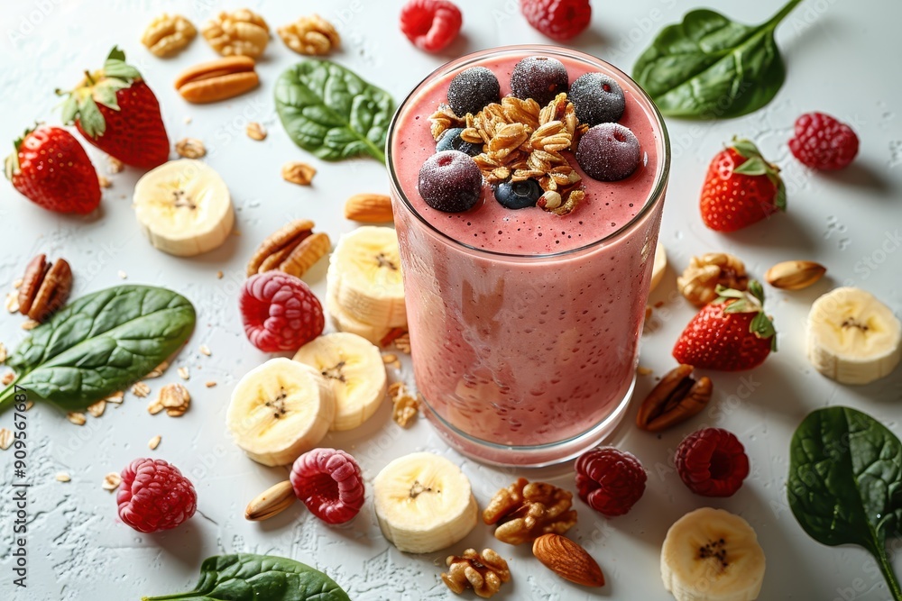 a glass of banana and berry smoothie surrounded by berries and banana a glass of banana and berry smoothie surrounded by berries and banana