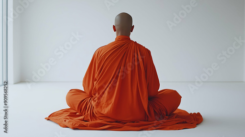 A Buddhist monk in an orange robe meditating in a serene, minimalist room. Captured from the back, highlighting tranquility and mindfulness.