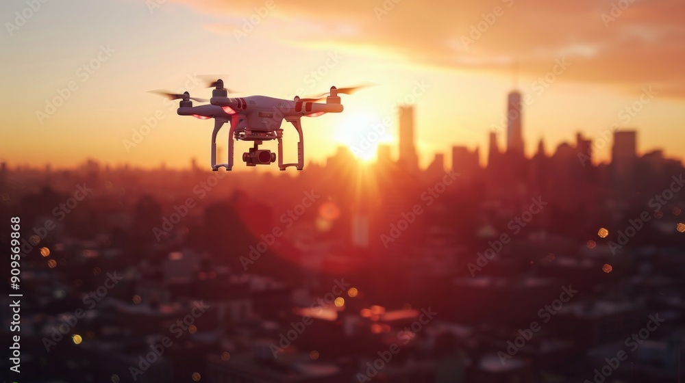 Drone Flying Over City at Sunset Drone Flying Over City at Sunset