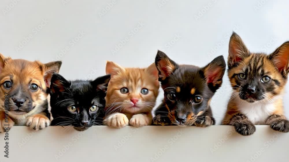 A cute picture of a dog and kitten playing looking over a white border. A cute picture of a dog and kitten playing looking over a white border.