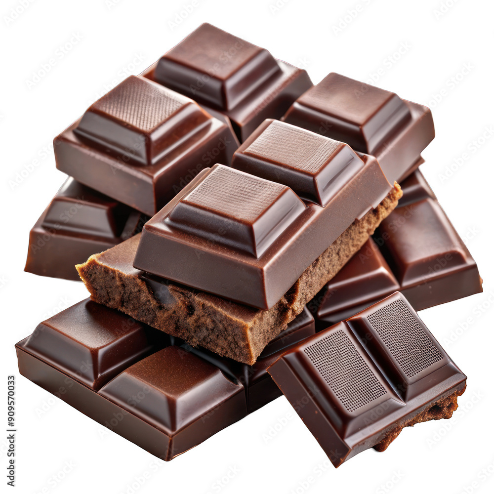 Dark chocolate blocks and pieces close up isolated on transparent background Dark chocolate blocks and pieces close up isolated on transparent background