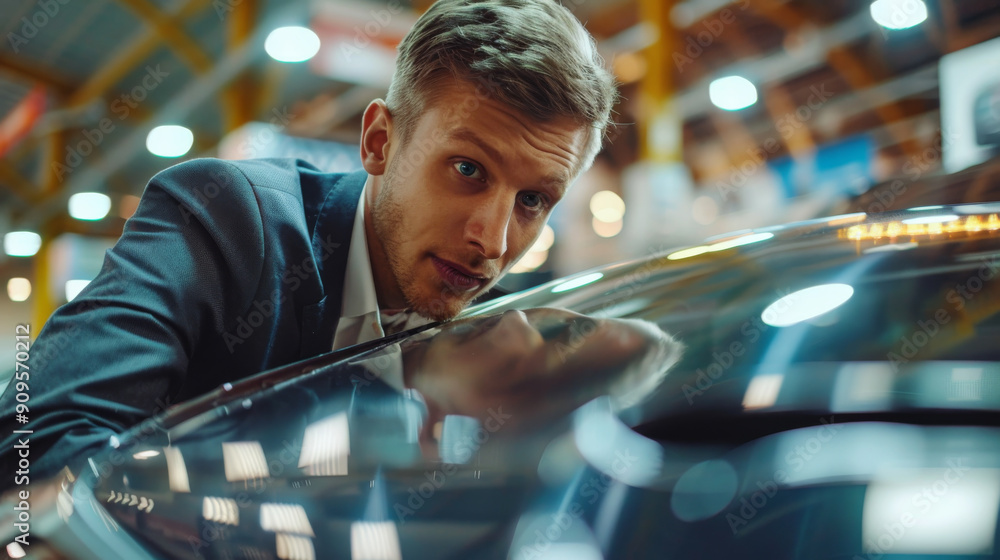 Business man in a car dealership looking for his new car , male buying a new vehicle Business man in a car dealership looking for his new car , male buying a new vehicle