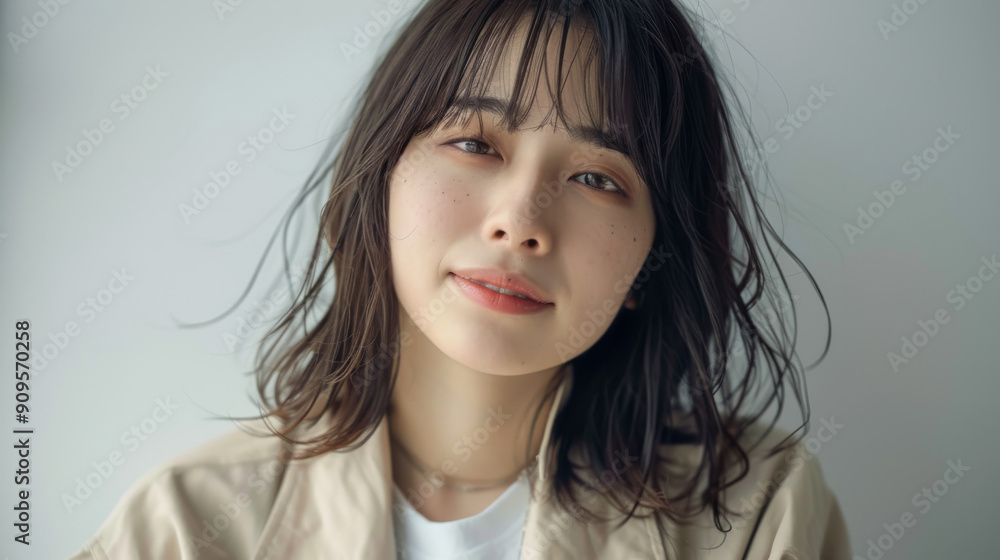 Beautiful Japanese woman with medium length hair smiling and looking at the camera. The Asian female is wearing a beige jacket over a white t-shirt against a light grey background Beautiful Japanese woman with medium length hair smiling and looking at the camera. The Asian female is wearing a beige jacket over a white t-shirt against a light grey background