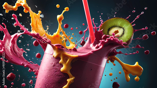 Smoothie, Healthy and vibrant smoothie. Capture dramatic smoothie splash. Creative Dynamic compotition vary angle. Macro Food photography, taken by very high tech expensive camera. Eyecatching, mouthw photo