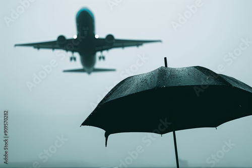 Silhouette of an airplane with an umbrella, symbolizing travel insurance photo