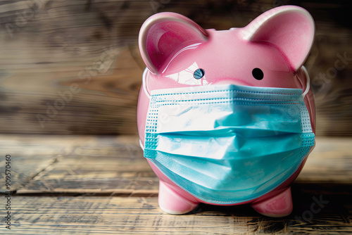 Piggy bank wearing a medical mask, savings concept during the coronavirus pandemic photo