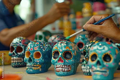 Close shot of many decorated sugar skulls on the foreground while a baker paints the last one