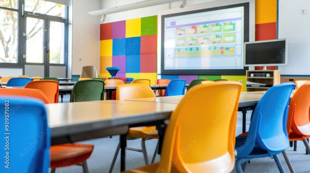 A classroom with a smartboard and modern teaching technology A classroom with a smartboard and modern teaching technology