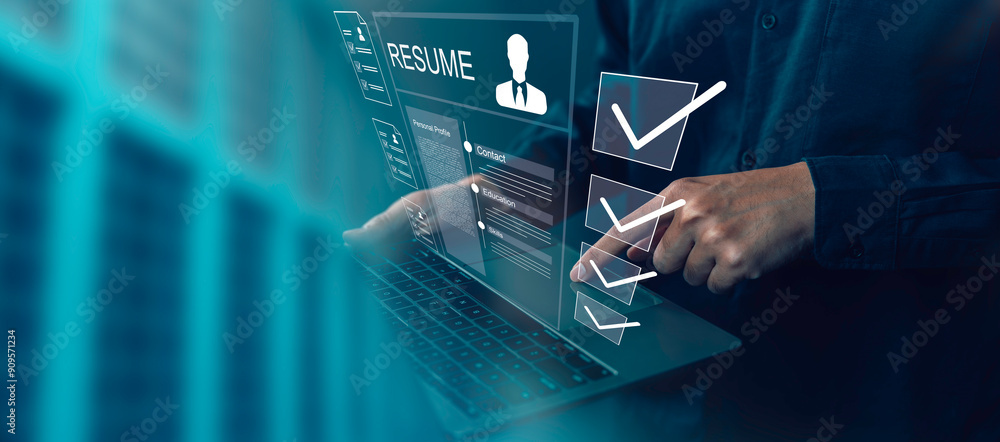 Employee selection, businessman process select the optimum resume application form, recruitment to interview and join with company. interviewing and hiring through an internet recruitment agency.