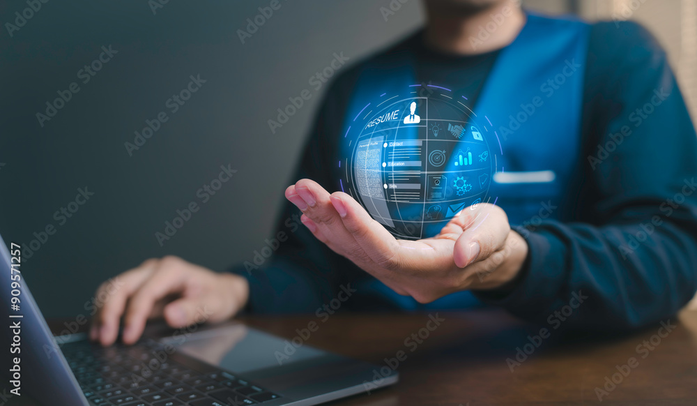 Employee selection, businessman process select the optimum resume application form, recruitment to interview and join with company. interviewing and hiring through an internet recruitment agency.