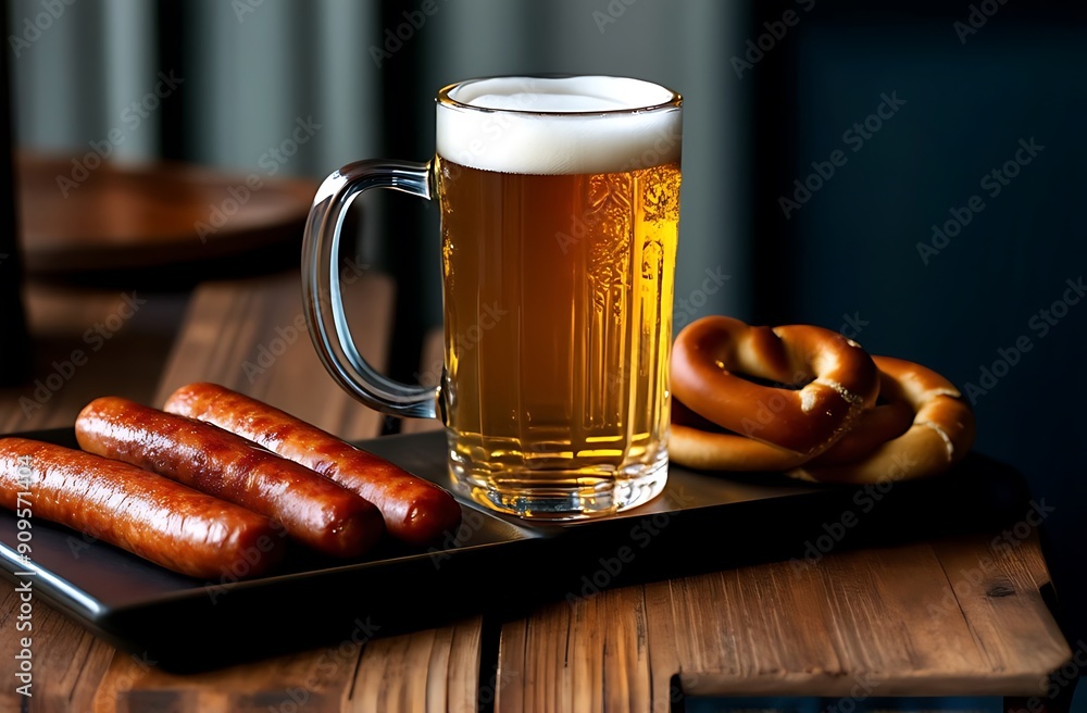 A mug of beer stands on a wooden table next to a plate of sausages, and a pretzel A mug of beer stands on a wooden table next to a plate of sausages, and a pretzel